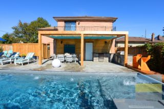 POOL CONSTRUCTION WITH FIRE PIT, OUTDOOR KITCHEN & PERGOLAS
